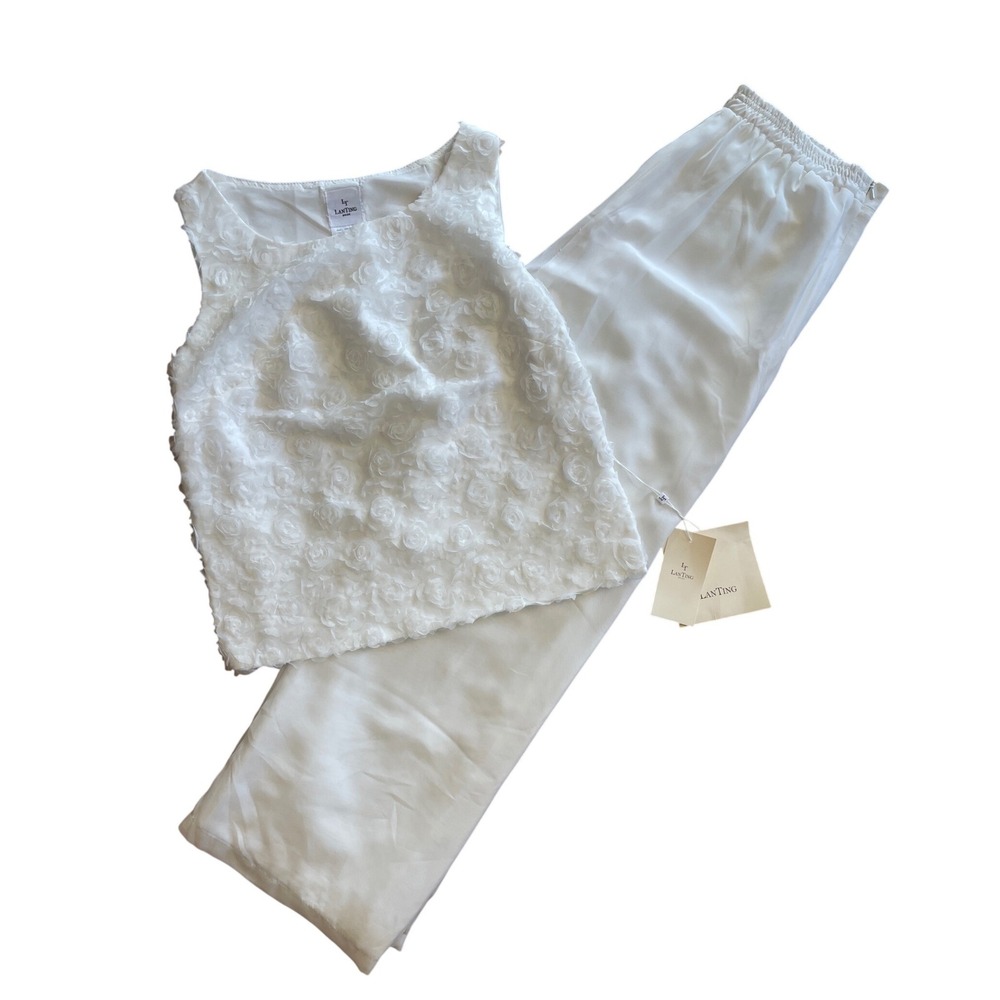 LanTing Bride White 2 Piece Set Floral Rosette Top Wide Leg Pants Bridal Shower